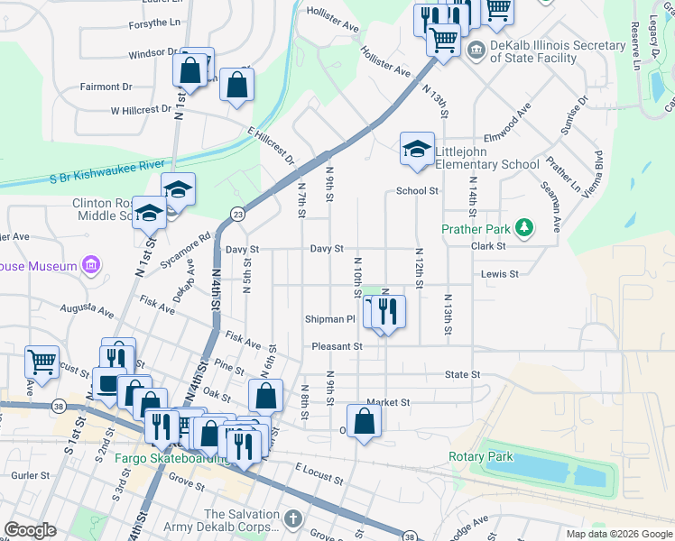 map of restaurants, bars, coffee shops, grocery stores, and more near 713 North 10th Street in DeKalb