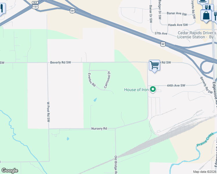 map of restaurants, bars, coffee shops, grocery stores, and more near 4811 Everlou Road in Cedar Rapids