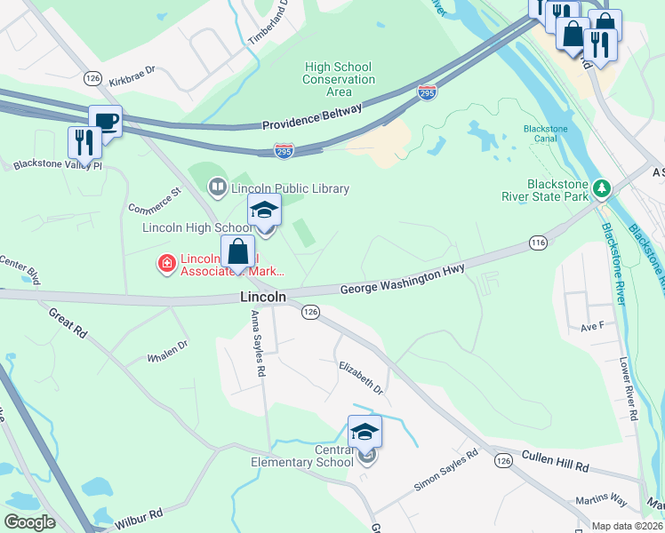 map of restaurants, bars, coffee shops, grocery stores, and more near 5 Hood Drive in Lincoln