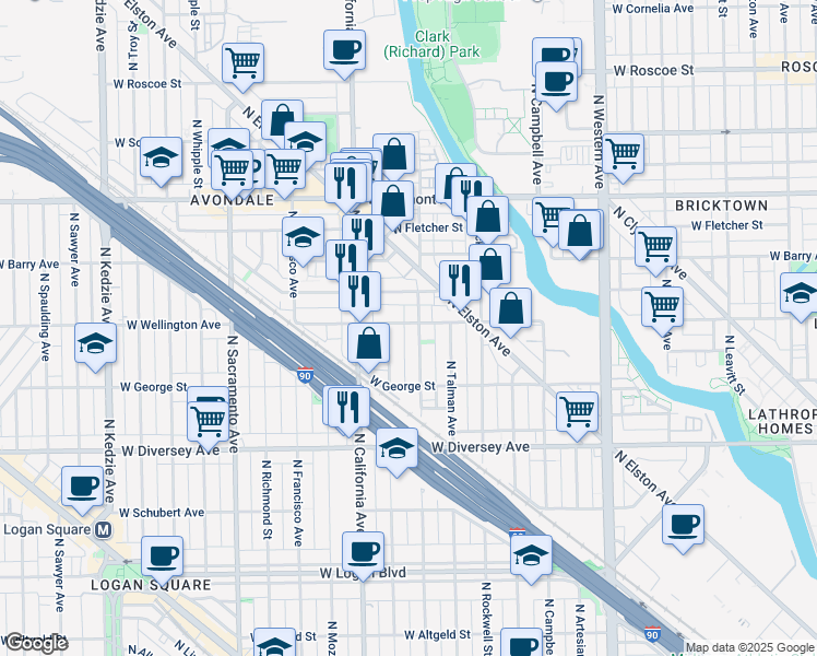 map of restaurants, bars, coffee shops, grocery stores, and more near 2709 West Wellington Avenue in Chicago