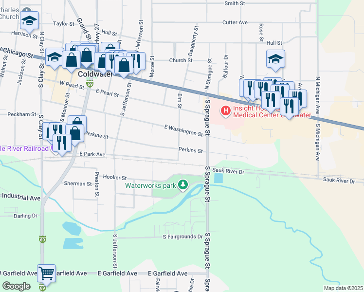 map of restaurants, bars, coffee shops, grocery stores, and more near 121 Elm Street in Coldwater
