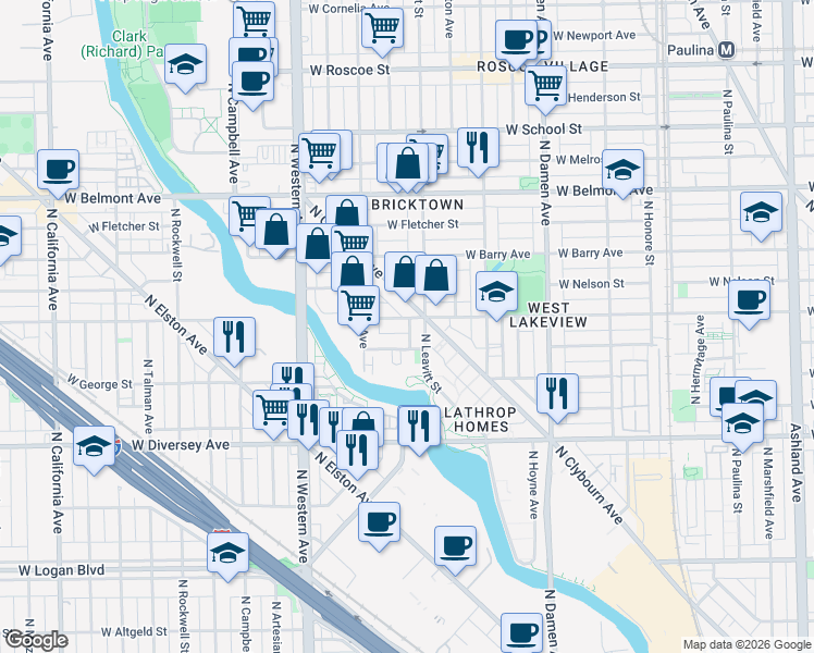 map of restaurants, bars, coffee shops, grocery stores, and more near 2215 West Wellington Avenue in Chicago