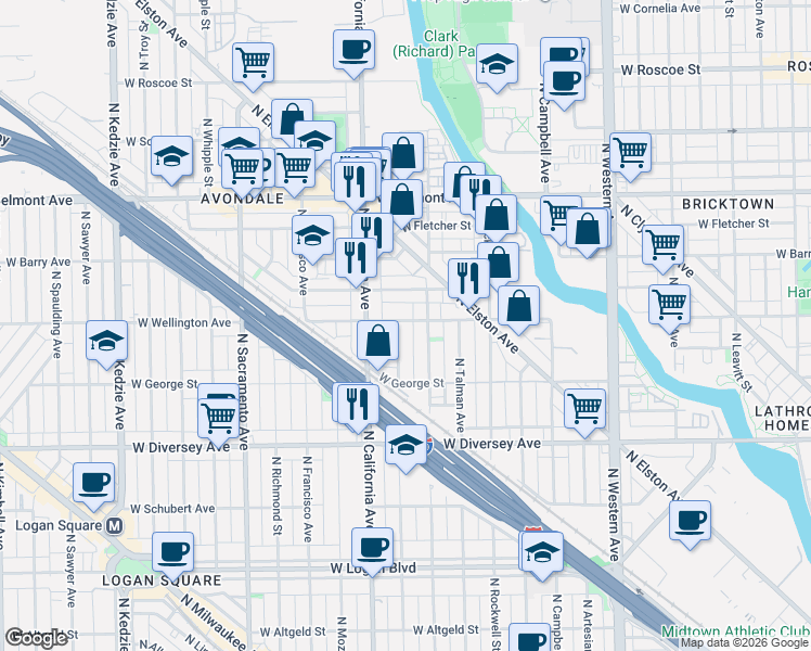map of restaurants, bars, coffee shops, grocery stores, and more near 2717 West Wellington Avenue in Chicago