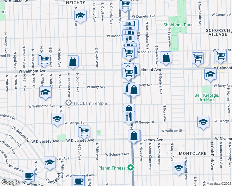 map of restaurants, bars, coffee shops, grocery stores, and more near 3039 North Octavia Avenue in Chicago