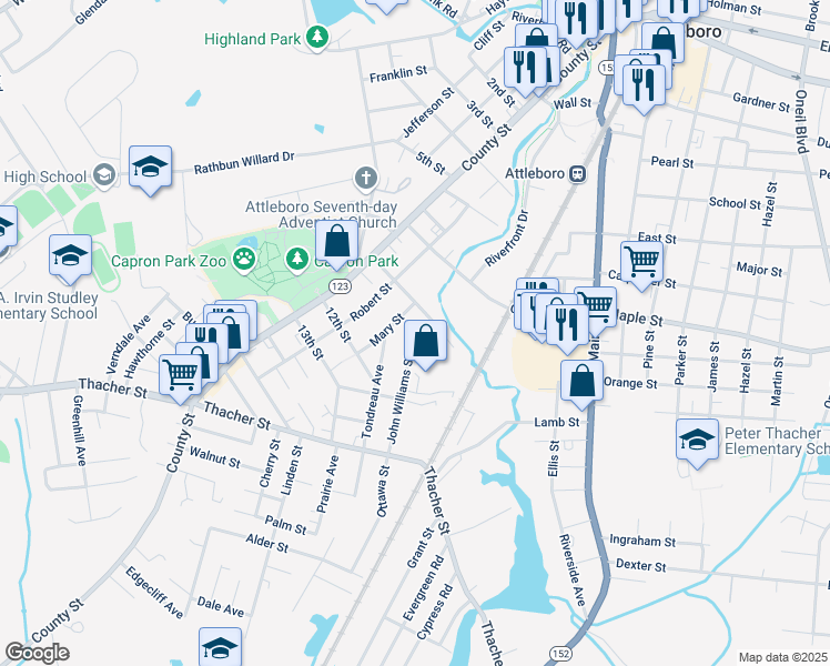 map of restaurants, bars, coffee shops, grocery stores, and more near 15 John Williams Street in Attleboro