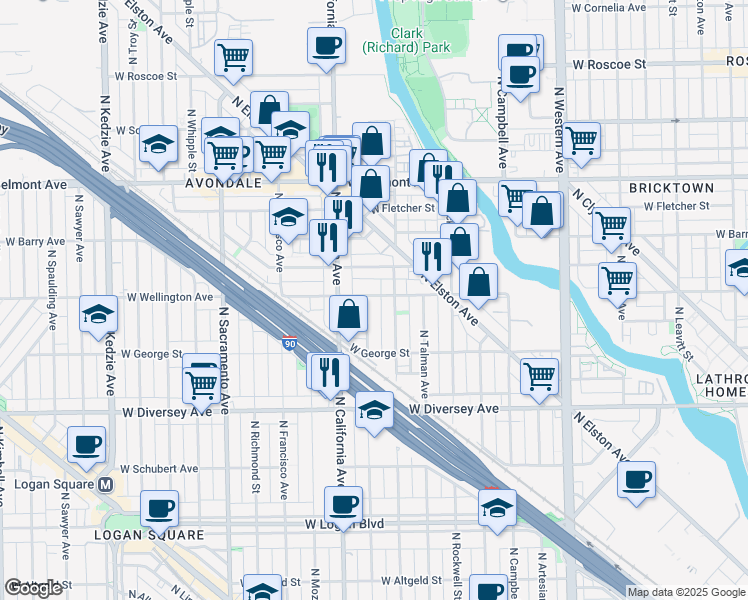map of restaurants, bars, coffee shops, grocery stores, and more near 2951 North Fairfield Avenue in Chicago