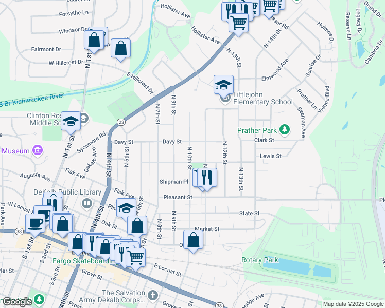 map of restaurants, bars, coffee shops, grocery stores, and more near 716 North 10th Street in DeKalb