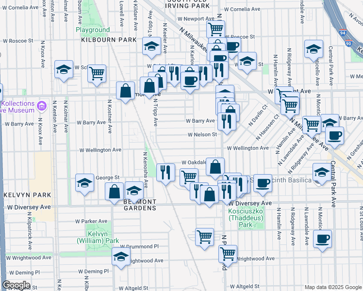 map of restaurants, bars, coffee shops, grocery stores, and more near 4124 West Wellington Avenue in Chicago