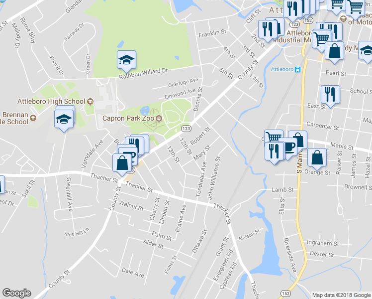 map of restaurants, bars, coffee shops, grocery stores, and more near 84 Robert Street in Attleboro