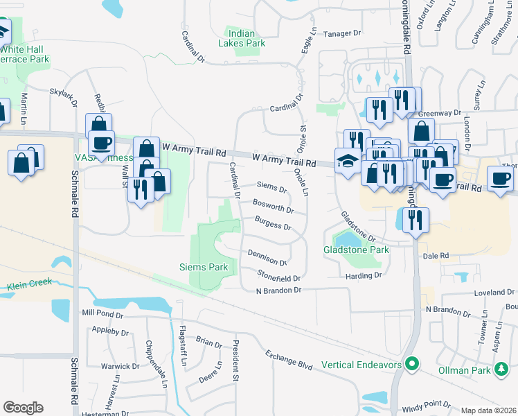 map of restaurants, bars, coffee shops, grocery stores, and more near 47 Bosworth Drive in Glendale Heights