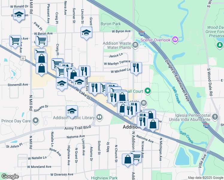 map of restaurants, bars, coffee shops, grocery stores, and more near 500 Denise Court in Addison
