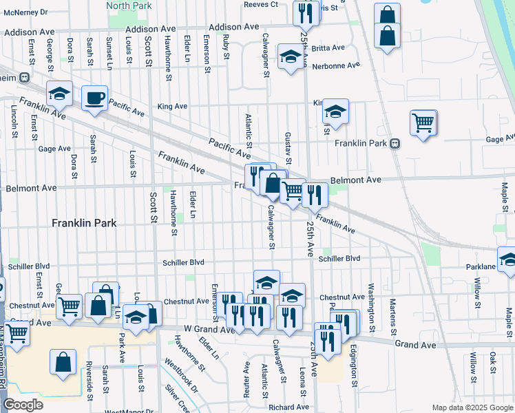 map of restaurants, bars, coffee shops, grocery stores, and more near 3115 Atlantic Street in Franklin Park