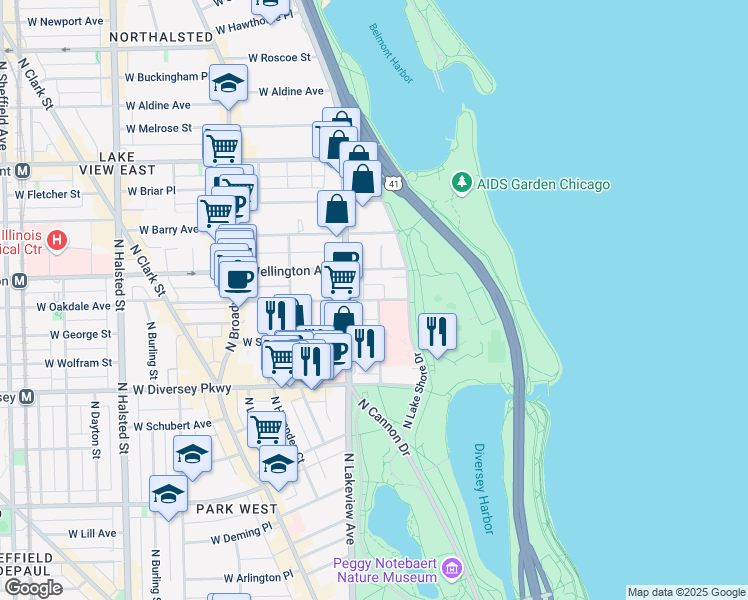 map of restaurants, bars, coffee shops, grocery stores, and more near 2927 North Commonwealth Avenue in Chicago