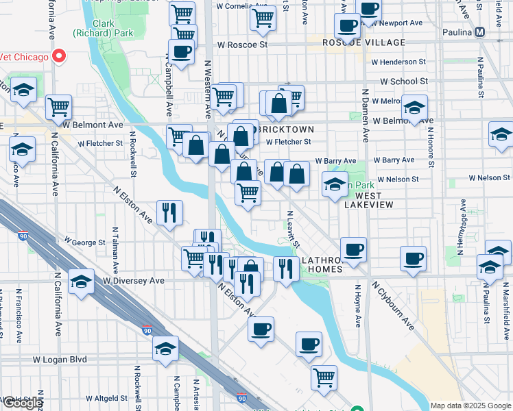 map of restaurants, bars, coffee shops, grocery stores, and more near 2959 North Oakley Avenue in Chicago