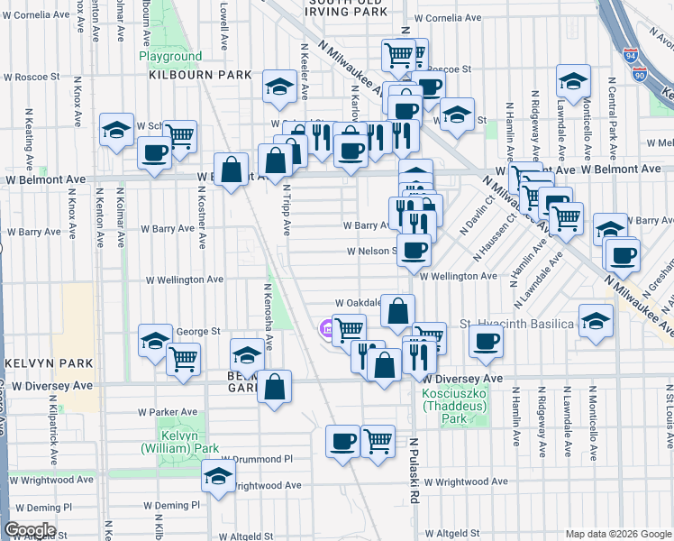 map of restaurants, bars, coffee shops, grocery stores, and more near 4124 West Wellington Avenue in Chicago