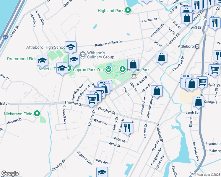 map of restaurants, bars, coffee shops, grocery stores, and more near 249 Massachusetts 123 in Attleboro