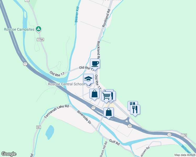 map of restaurants, bars, coffee shops, grocery stores, and more near 2012 Old Route 17 in Roscoe