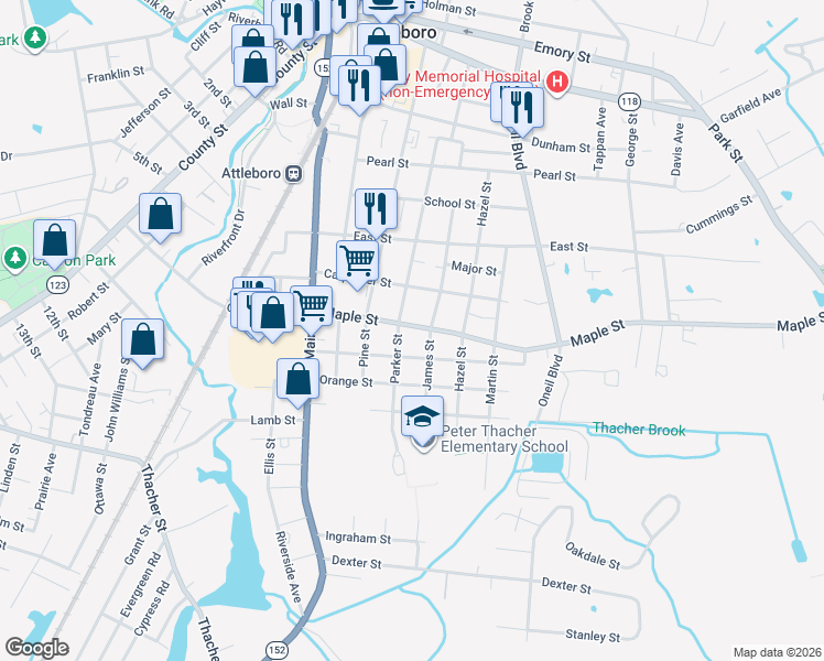 map of restaurants, bars, coffee shops, grocery stores, and more near 87 Parker Street in Attleboro