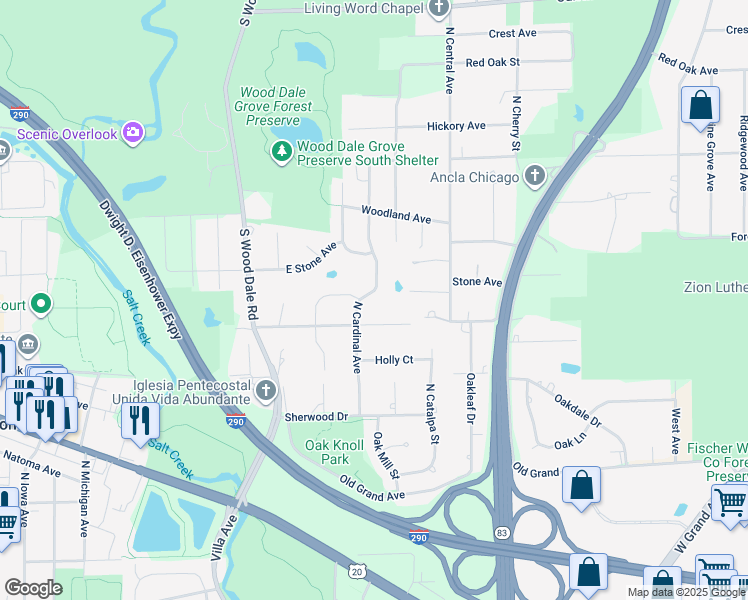 map of restaurants, bars, coffee shops, grocery stores, and more near 421 North Cardinal Avenue in Addison