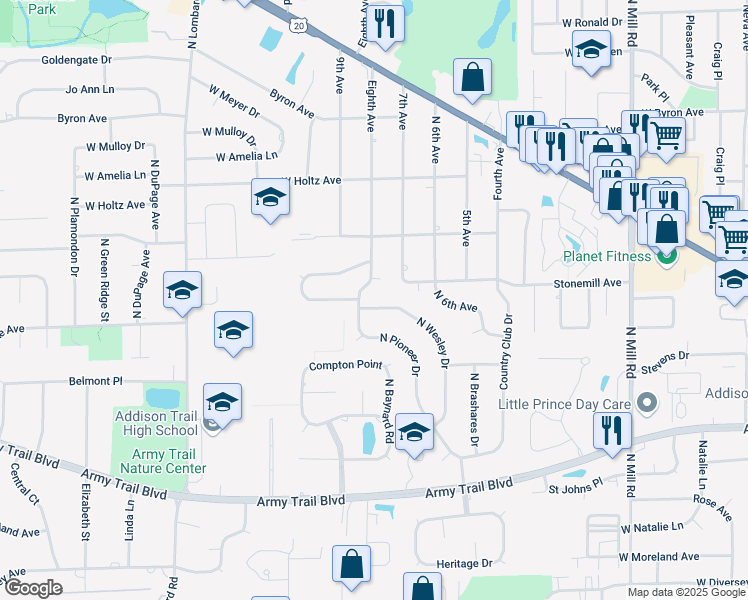 map of restaurants, bars, coffee shops, grocery stores, and more near 479 North Wesley Drive in Addison
