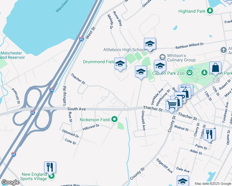 map of restaurants, bars, coffee shops, grocery stores, and more near 619 Thacher Street in Attleboro