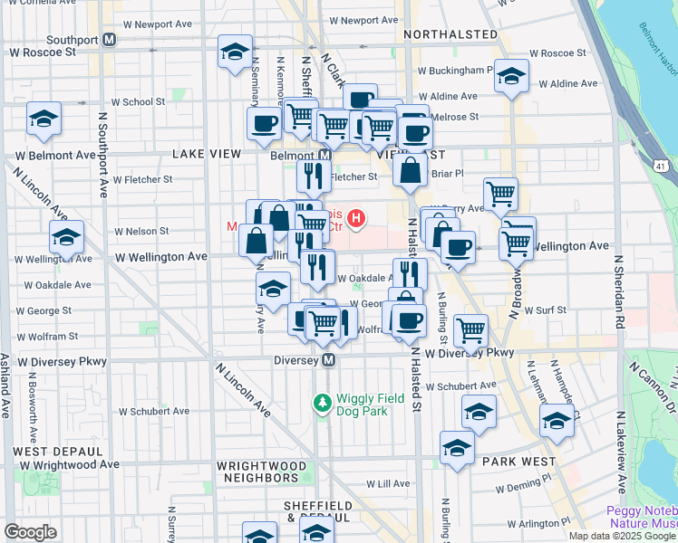 map of restaurants, bars, coffee shops, grocery stores, and more near 924 West Oakdale Avenue in Chicago