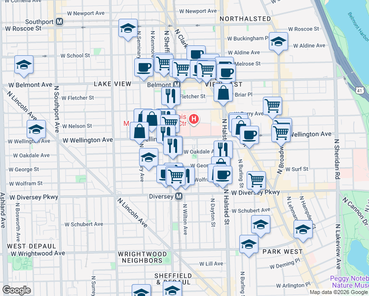 map of restaurants, bars, coffee shops, grocery stores, and more near 920 West Oakdale Avenue in Chicago