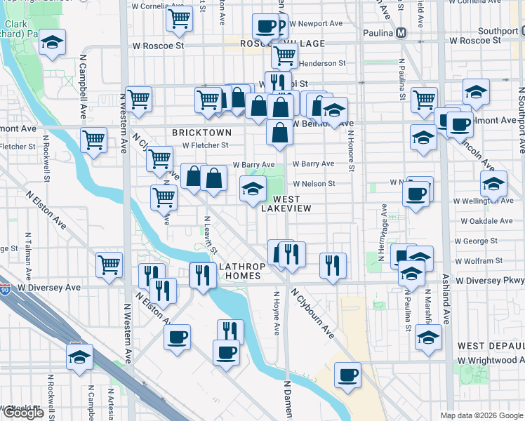 map of restaurants, bars, coffee shops, grocery stores, and more near 2950 North Seeley Avenue in Chicago