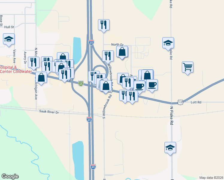 map of restaurants, bars, coffee shops, grocery stores, and more near 771 East Chicago Street in Coldwater