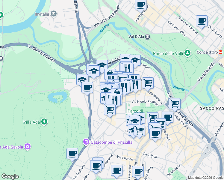 map of restaurants, bars, coffee shops, grocery stores, and more near 2 Via Sabina Fara in Rome