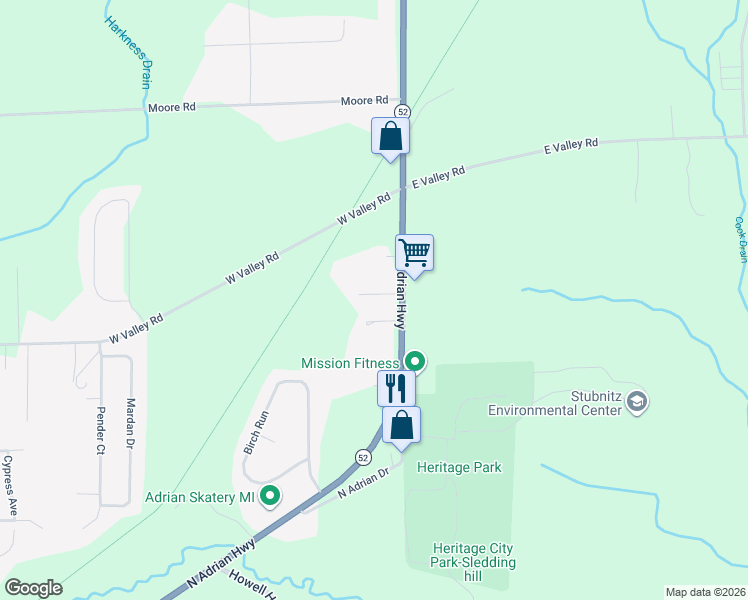 map of restaurants, bars, coffee shops, grocery stores, and more near 1055 Loren Road in Adrian