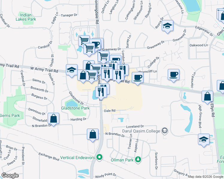 map of restaurants, bars, coffee shops, grocery stores, and more near 265 Army Trail Road in Glendale Heights