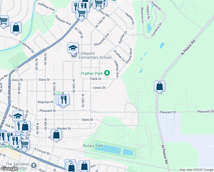 map of restaurants, bars, coffee shops, grocery stores, and more near 1529 Lewis Street in DeKalb