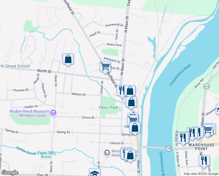 map of restaurants, bars, coffee shops, grocery stores, and more near 9 Suffield Street in Windsor Locks