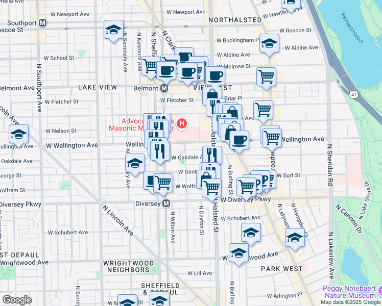 map of restaurants, bars, coffee shops, grocery stores, and more near 850 West Oakdale Avenue in Chicago