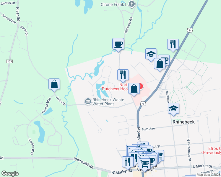 map of restaurants, bars, coffee shops, grocery stores, and more near 19 Pond Drive East in Rhinebeck