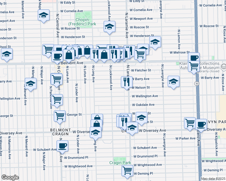 map of restaurants, bars, coffee shops, grocery stores, and more near 5257 West Nelson Street in Chicago