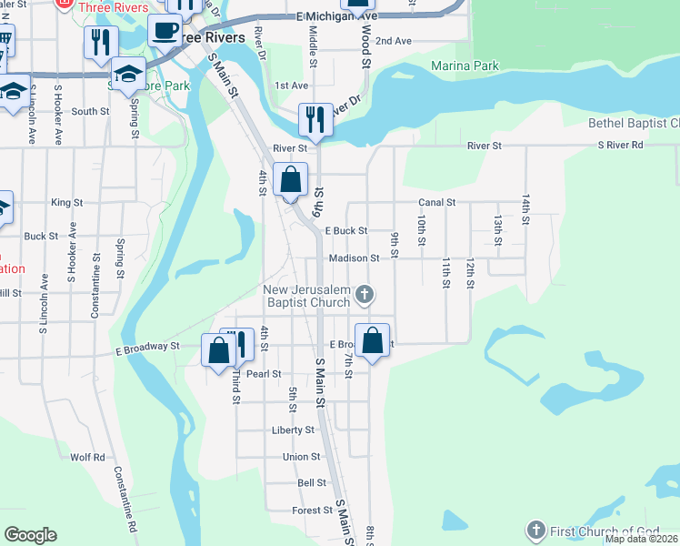 map of restaurants, bars, coffee shops, grocery stores, and more near 616 Pleasant Street in Three Rivers