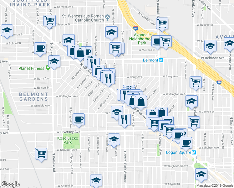 map of restaurants, bars, coffee shops, grocery stores, and more near 2989 Milwaukee Avenue in Chicago