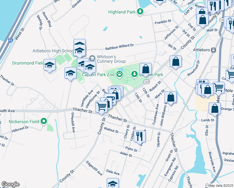 map of restaurants, bars, coffee shops, grocery stores, and more near 19 Bushee Street in Attleboro