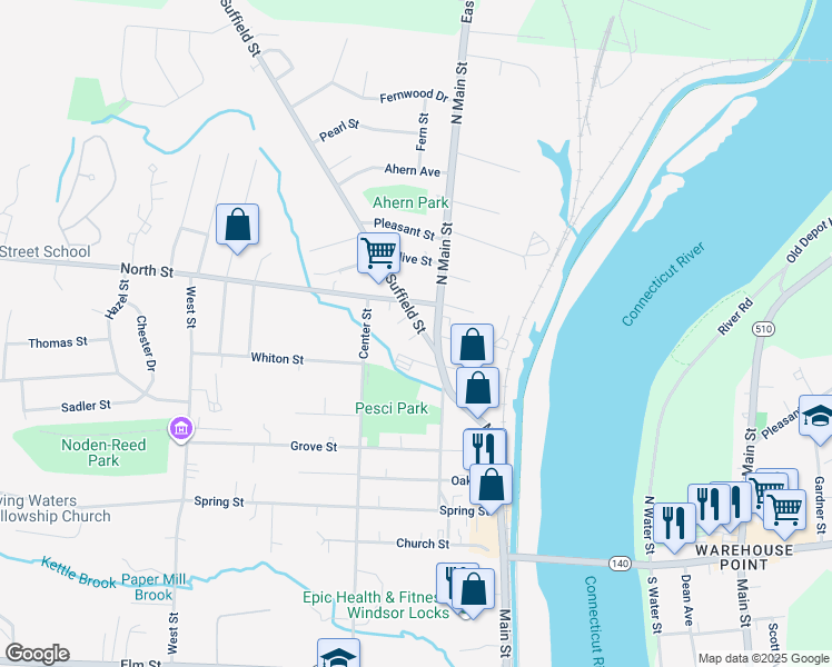 map of restaurants, bars, coffee shops, grocery stores, and more near 9 Suffield Street in Windsor Locks