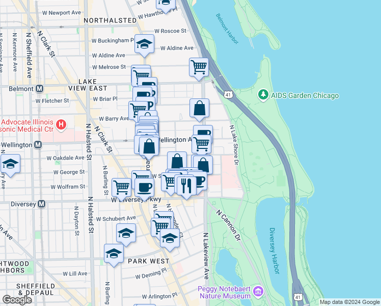 map of restaurants, bars, coffee shops, grocery stores, and more near 431 West Oakdale Avenue in Chicago