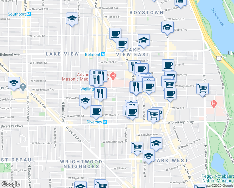 map of restaurants, bars, coffee shops, grocery stores, and more near 850 West Oakdale Avenue in Chicago