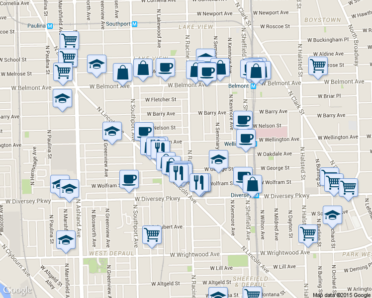 map of restaurants, bars, coffee shops, grocery stores, and more near in Chicago