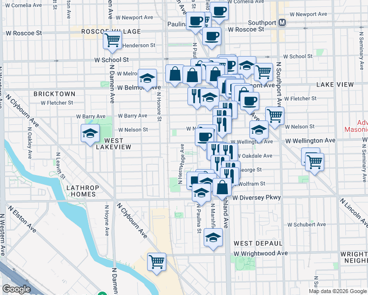 map of restaurants, bars, coffee shops, grocery stores, and more near 2945 North Hermitage Avenue in Chicago