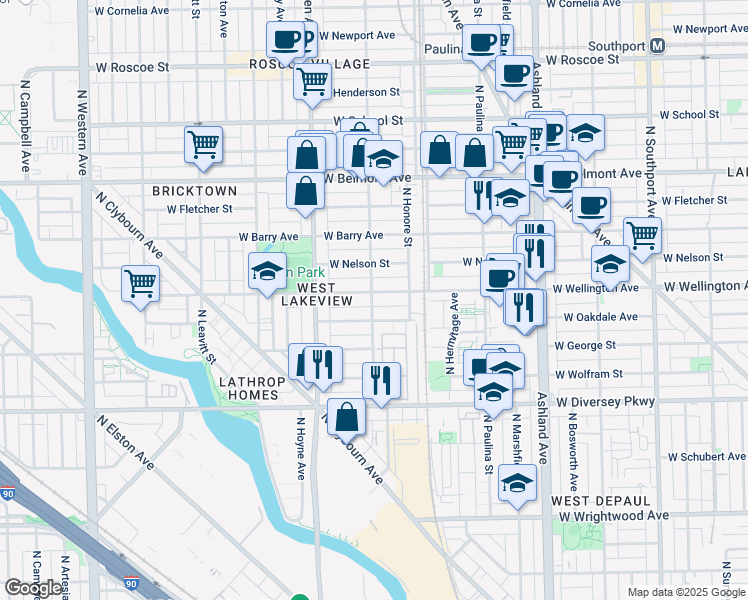 map of restaurants, bars, coffee shops, grocery stores, and more near 1838 West Oakdale Avenue in Chicago