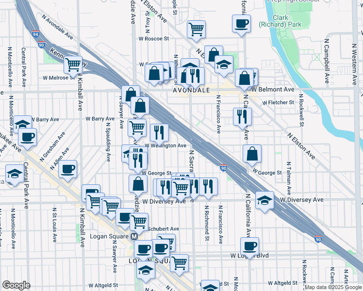 map of restaurants, bars, coffee shops, grocery stores, and more near 3021 West Wellington Avenue in Chicago