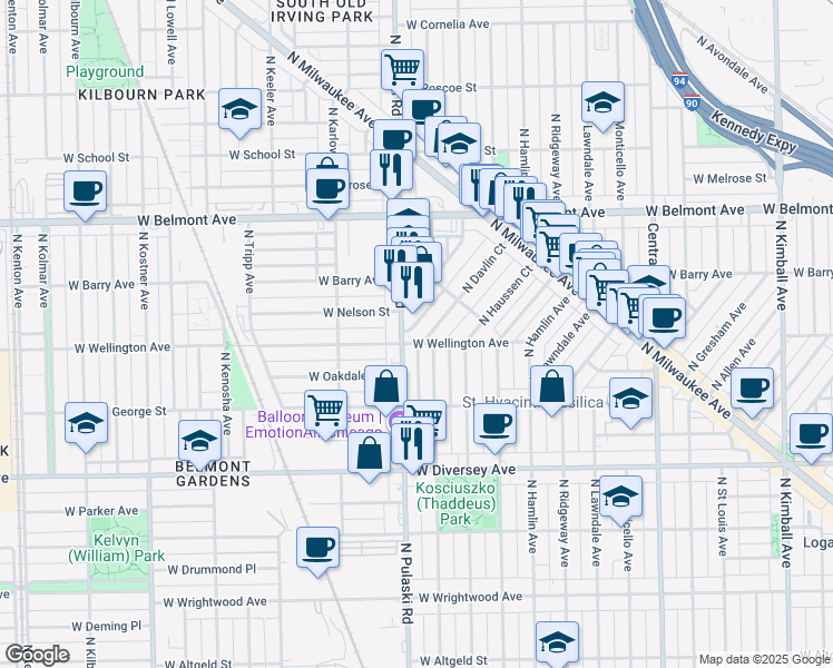 map of restaurants, bars, coffee shops, grocery stores, and more near 3928 West Wellington Avenue in Chicago