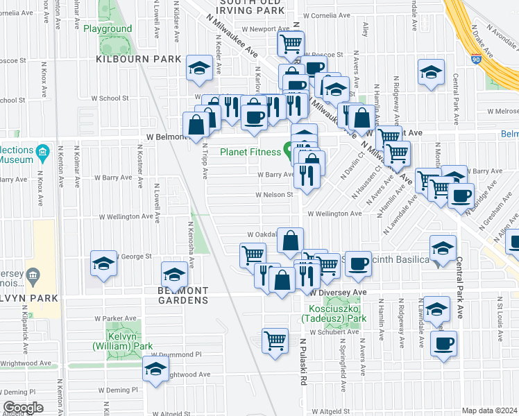 map of restaurants, bars, coffee shops, grocery stores, and more near 4048 West Wellington Avenue in Chicago