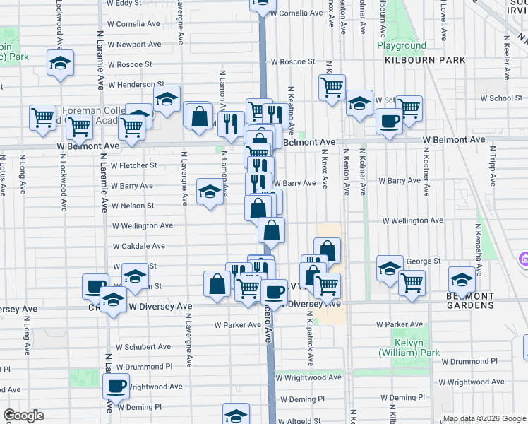 map of restaurants, bars, coffee shops, grocery stores, and more near 3006 North Cicero Avenue in Chicago